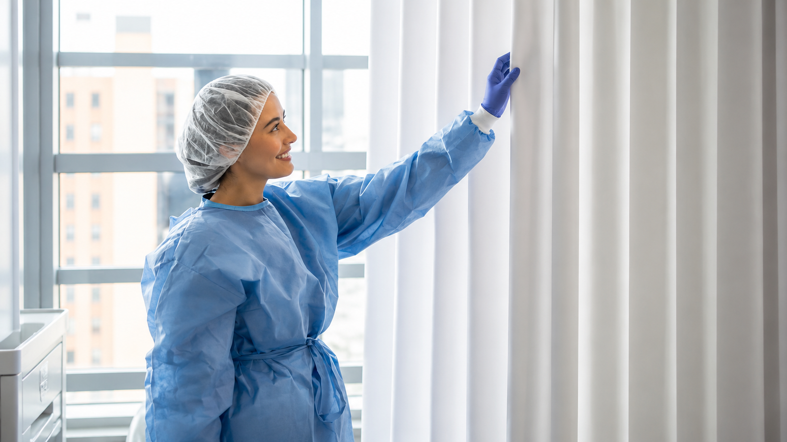 Cortinas tela Ripplefold para clínica Lima — detalle tejido antibacterial La Casa del Estor®